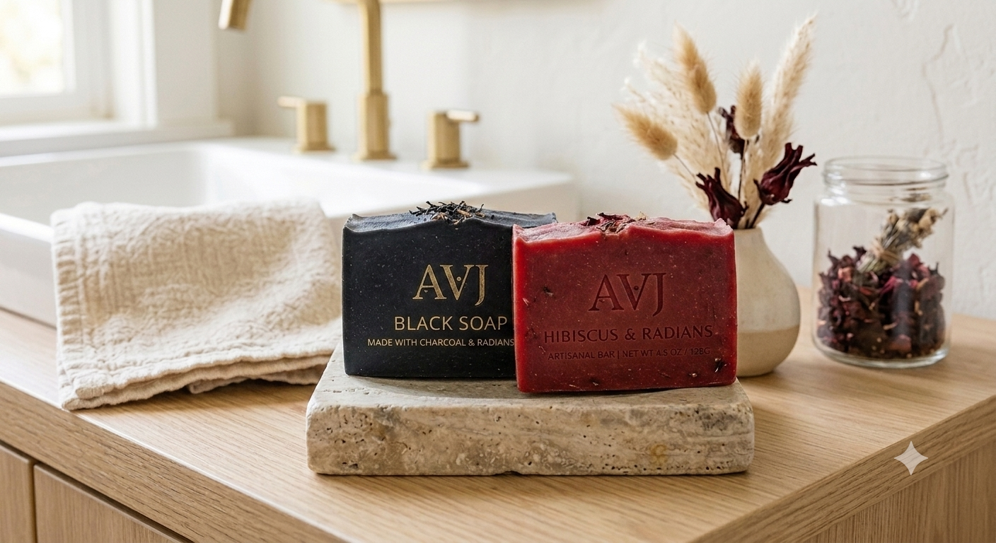 AVJ Purifying Soap Collection — Charcoal + Hibiscus Free 5-Day Clear Skin Guide skin’s new ritual and a free guide to go with it.