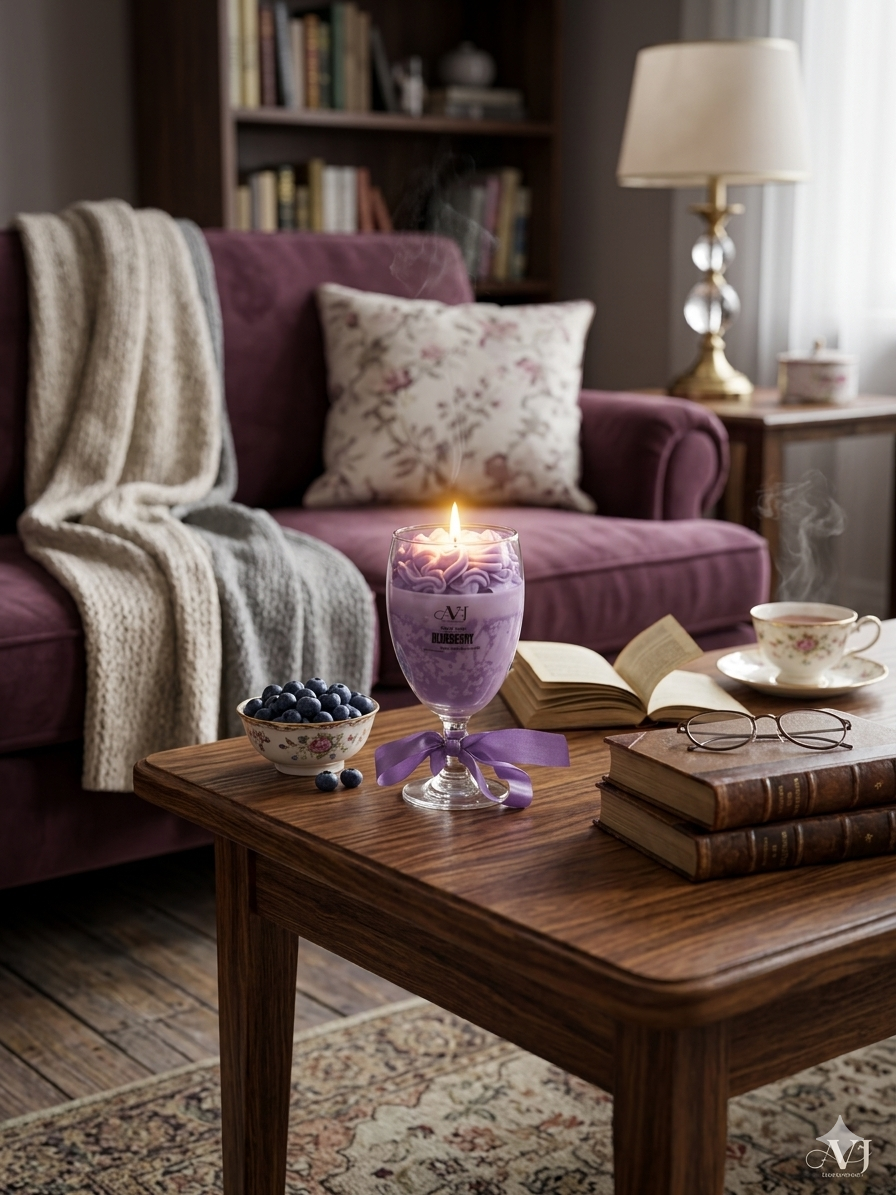 Blueberry Dream Artisan Whipped Candle in Decorative Stemmed Glass with Purple Ribbon