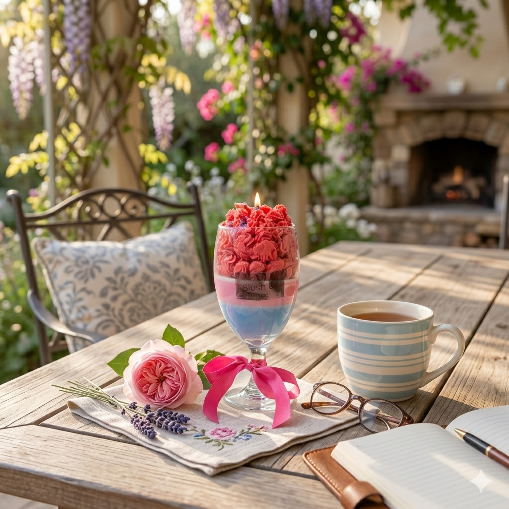Blush & Blue Artisan Cocktail Candle, Layered Wine Glass with Whipped Wax Rosettes and Pink Ribbon