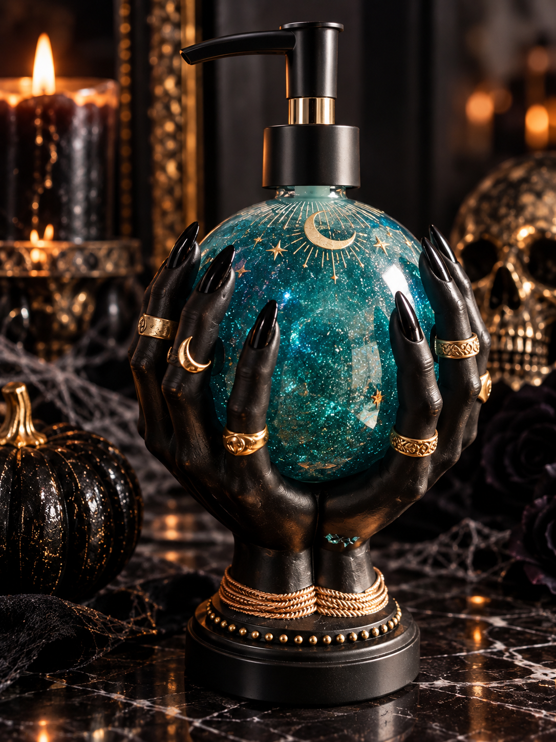 FORTUNE Black Liquorice Hand Wash – Gothic Halloween Glitter Soap in Mystical Hand Holder