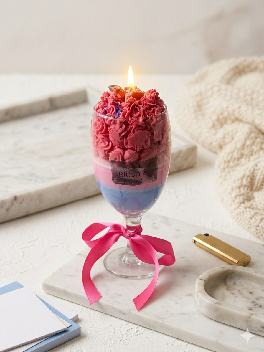 Blush & Blue Artisan Cocktail Candle, Layered Wine Glass with Whipped Wax Rosettes and Pink Ribbon