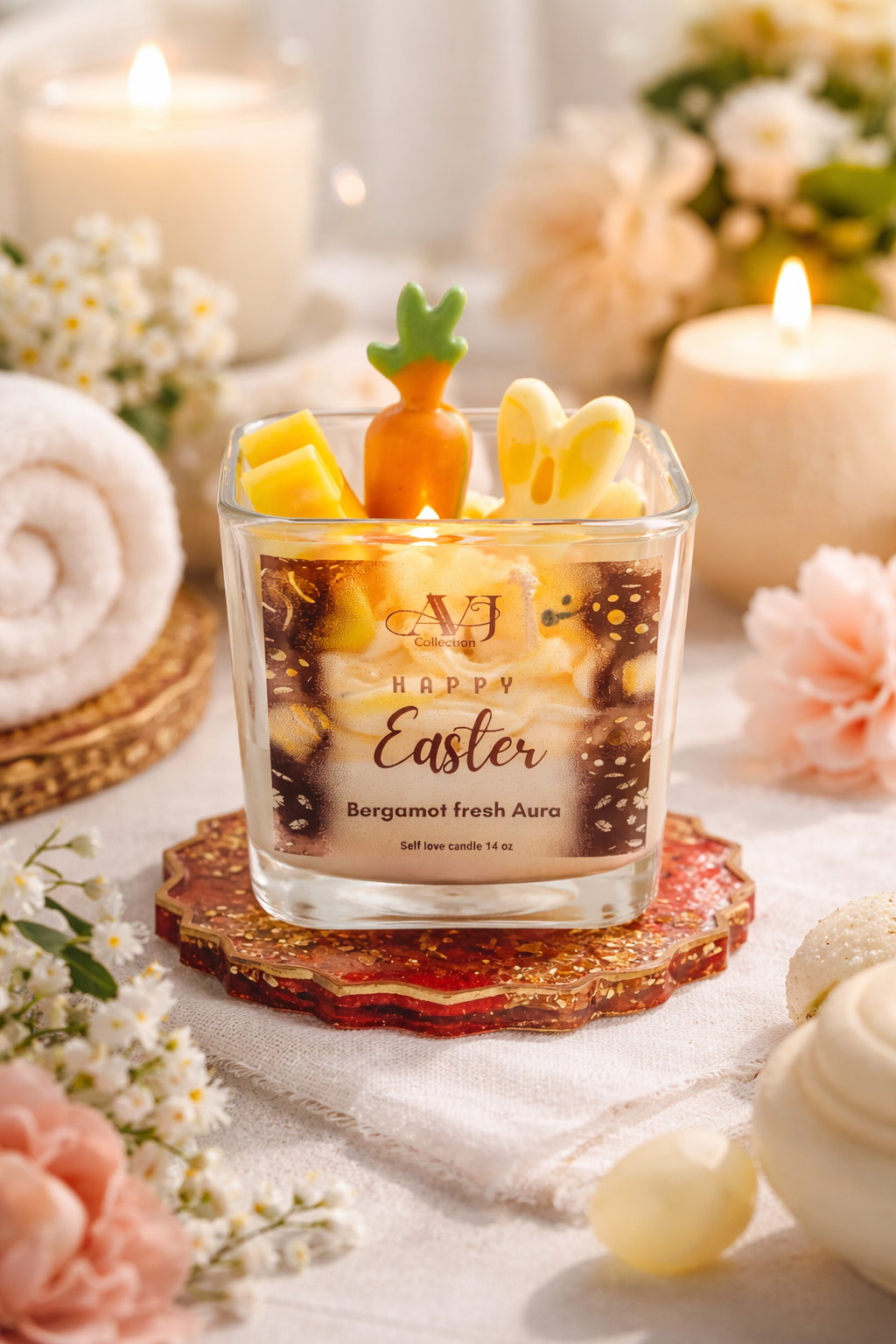 AVJ Collection Fresh Glow Garden Soy Wax Candle, 14oz, Layered, Bunny and Carrot Embeds