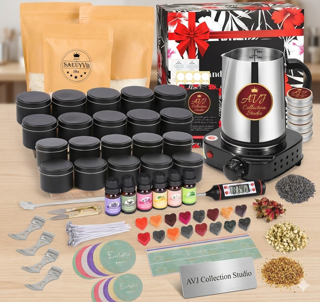 🕯️ AVJ Collection Studio Premium Candle Making Kit | 20+ Black Tins, 11 lbs Soy Wax, Electric Hot Plate, Botanicals, Dye Hearts & 6 Scented Oils + FREE Lifetime Course Access