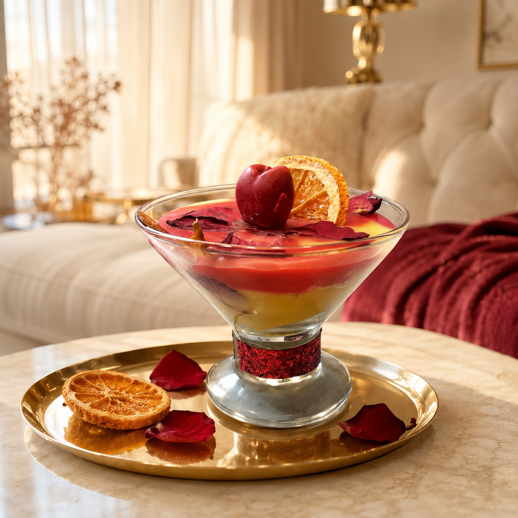AVJ Collection Ruby Rose Citrus Cocktail Candle – Apple, Orange & Red Rose Inspired – Hand-Poured Layered Candle in an Elegant Footed Glass – Luxury Home Décor Gift