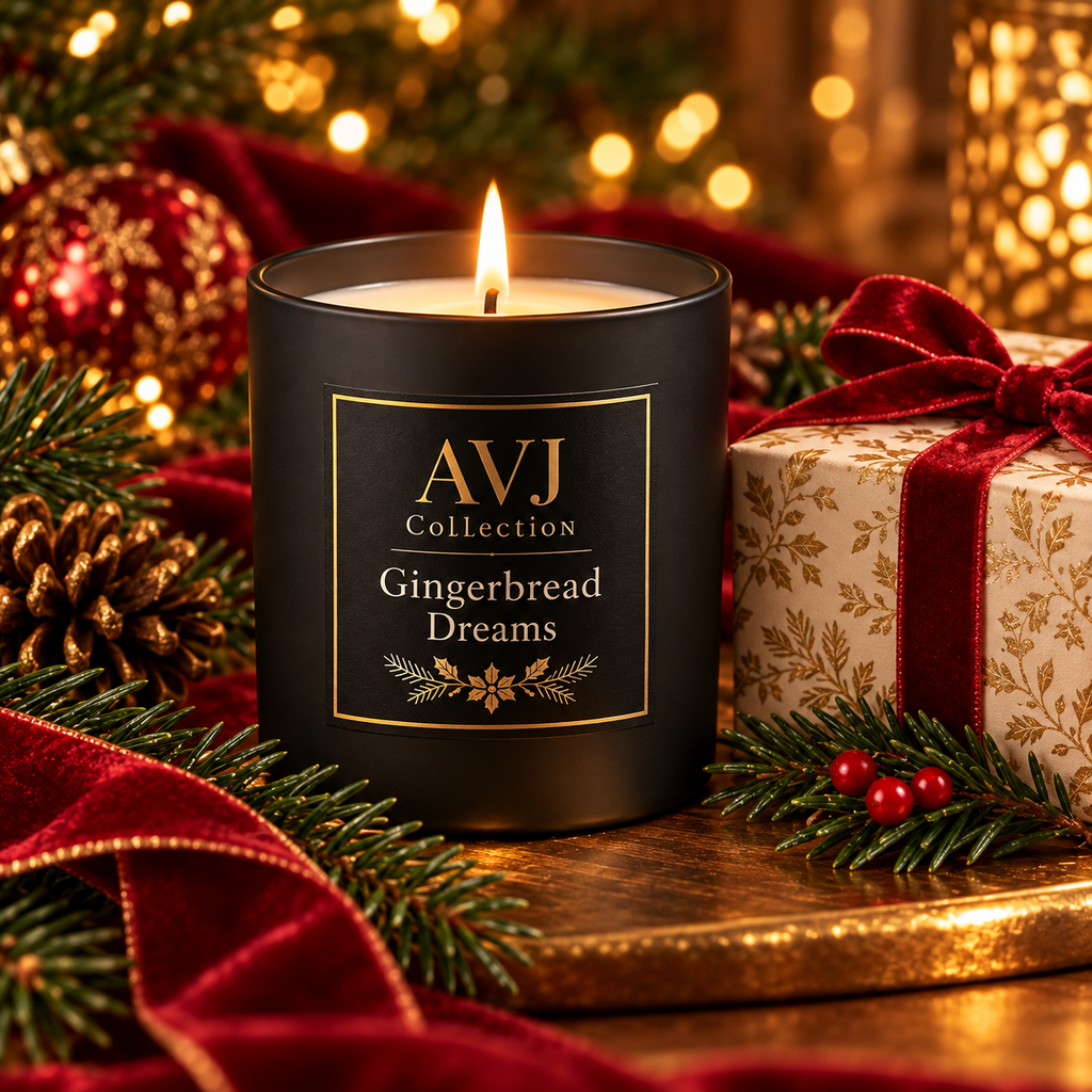 Gingerbread Dreams hand-poured Christmas candle in matte black jar