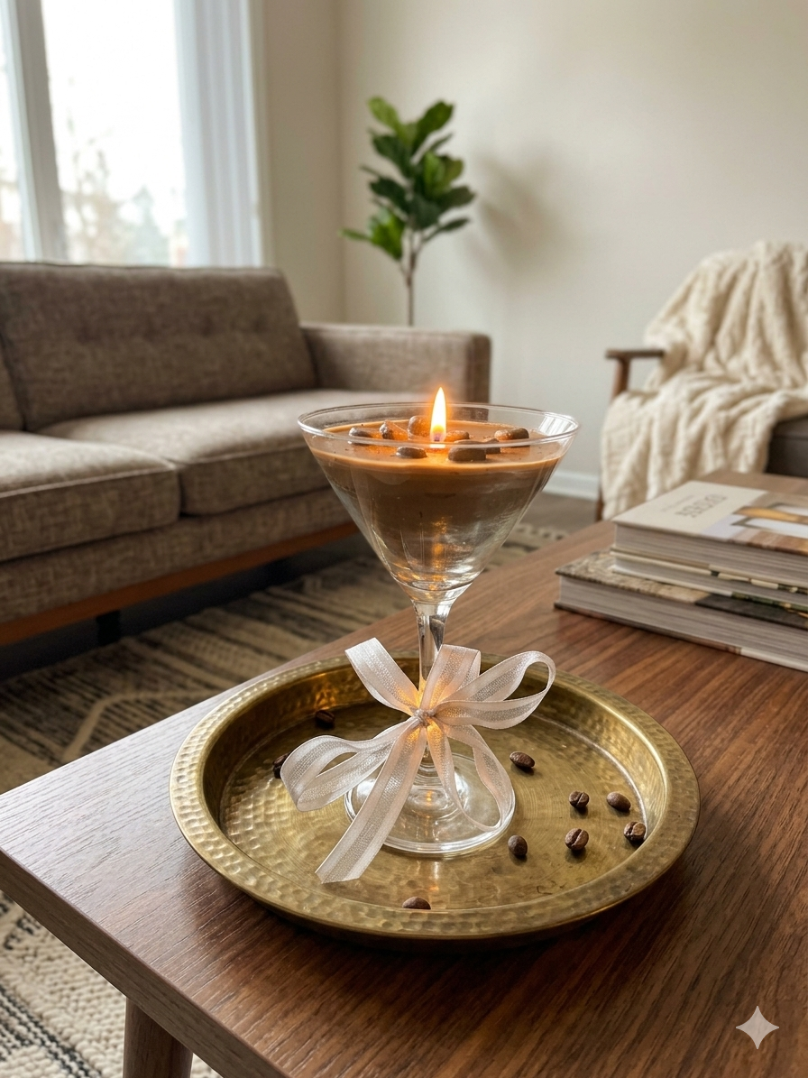 Handmade Espresso Martini Candle – Luxury Coffee Scented Dessert Candle in Martini Glass with Wax Coffee Beans, Single Wick, Gift for Coffee Lovers