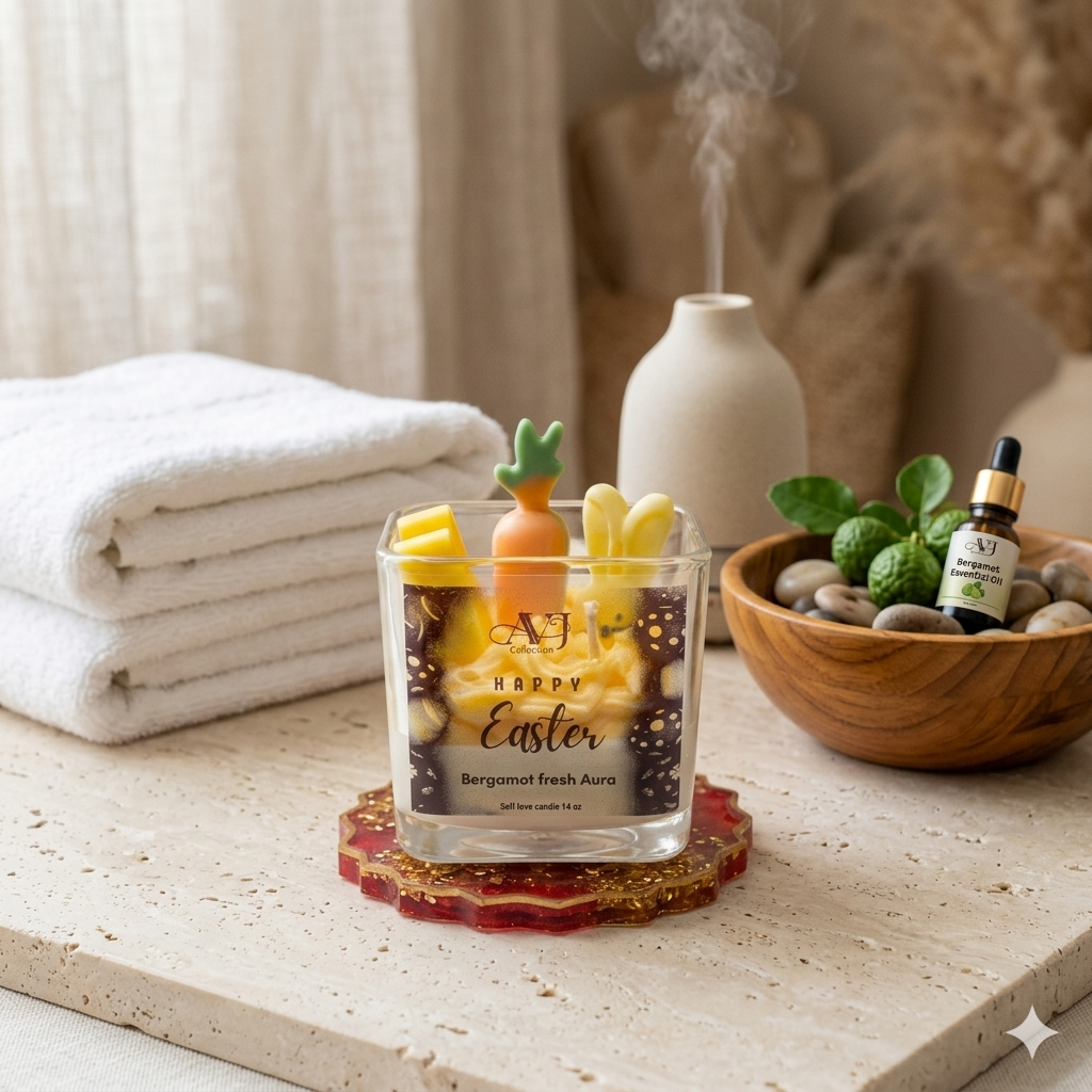 AVJ Collection Fresh Glow Garden Soy Wax Candle, 14oz, Layered, Bunny and Carrot Embeds
