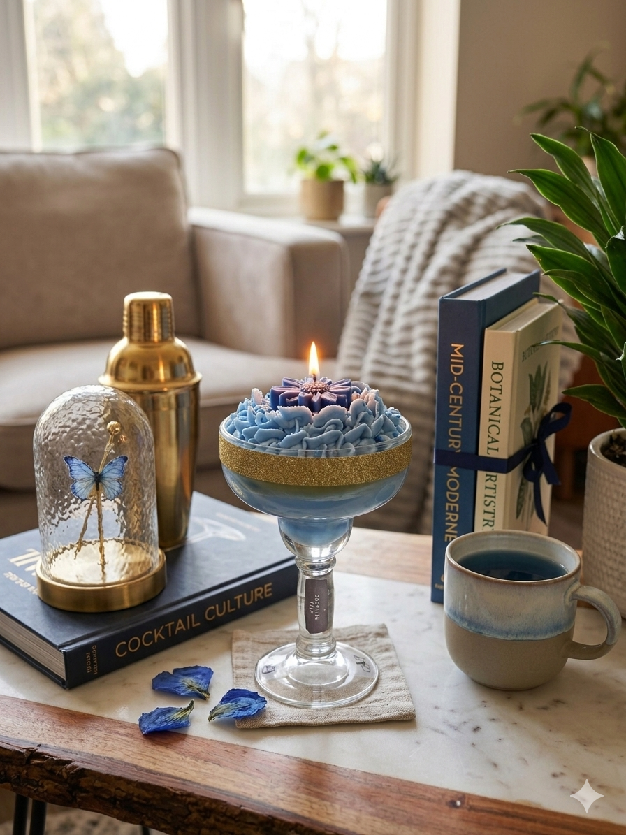 Sapphire Fizz Artisan Margarita Candle, Blue, Whipped Wax Frosting, Gold Glitter, Handcrafted Layered Cocktail Style