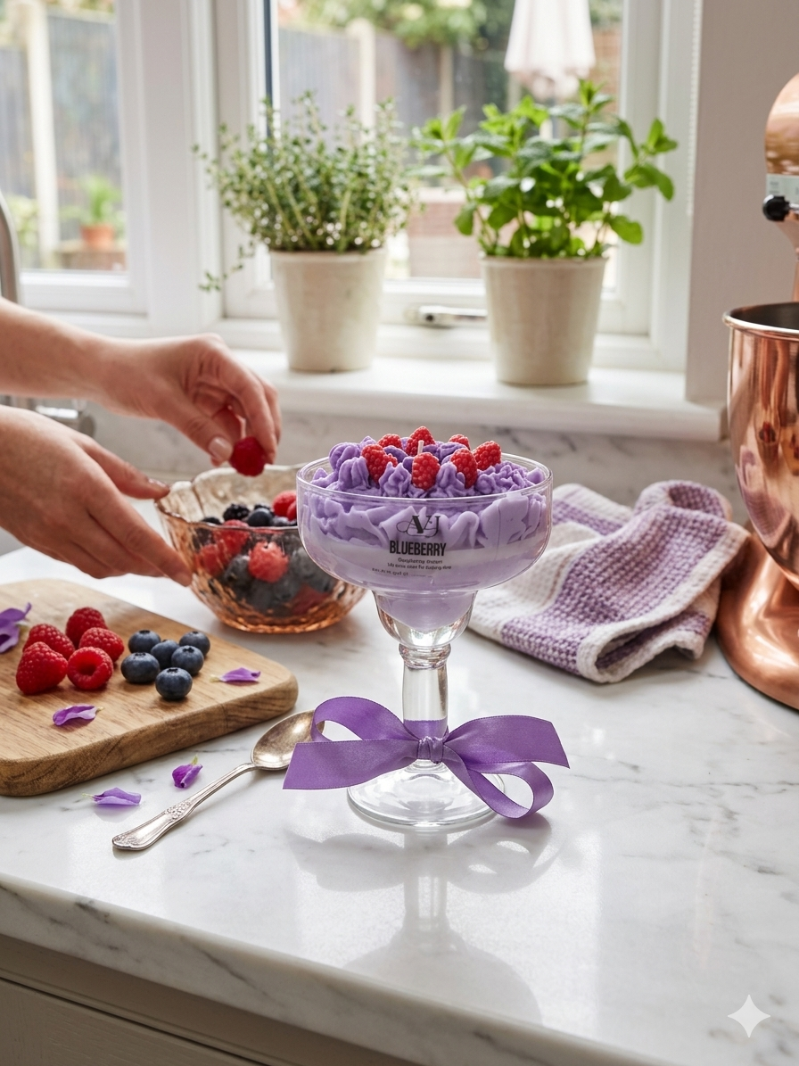 Handmade Blueberry & Raspberry Cream Dessert Candle – Realistic Fruit Whipped Wax Candle in Cocktail Glass with Purple Bow – AVJ Collection Artisan Decor