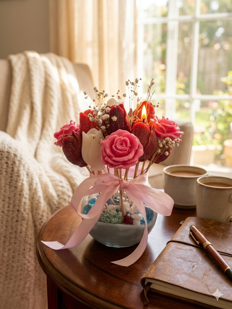 Floral Candle Bouquet Arrangement | Handmade Rose & Tulip Flower Candles in Glass Vase | Gift for Her | Home Decor | Birthday | Mother’s Day