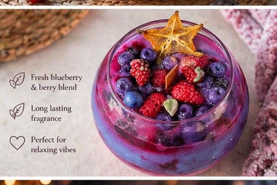 Handmade Blueberry Mixed Juice Soy Wax Candle | Artisan Triple-Layered Berry Scented Bowl Candle