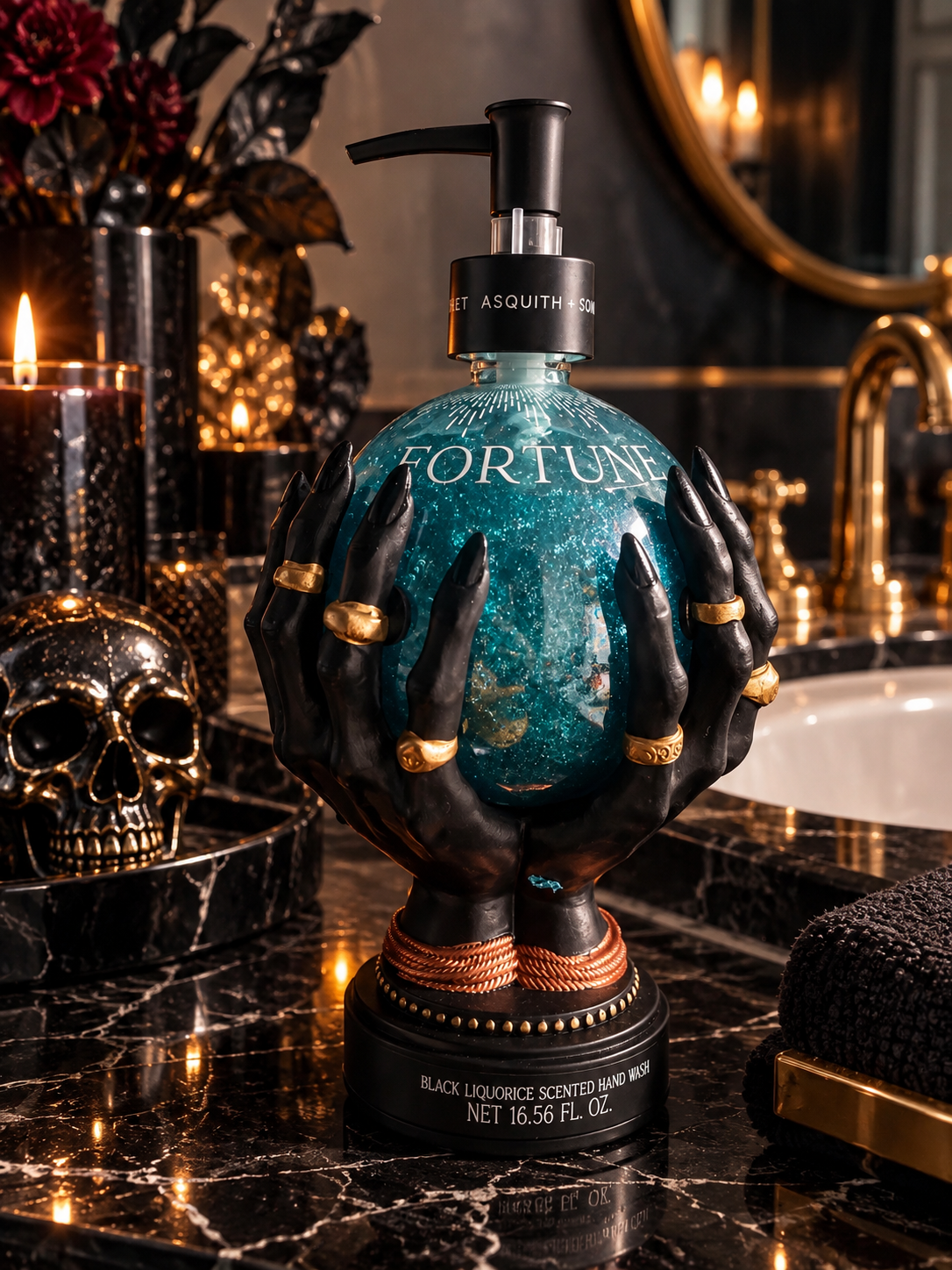 FORTUNE Black Liquorice Hand Wash – Gothic Halloween Glitter Soap in Mystical Hand Holder