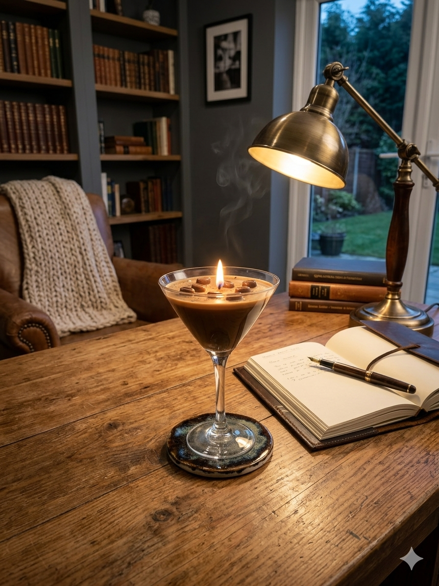 Handmade Espresso Martini Candle – Luxury Coffee Scented Dessert Candle in Martini Glass with Wax Coffee Beans, Single Wick, Gift for Coffee Lovers