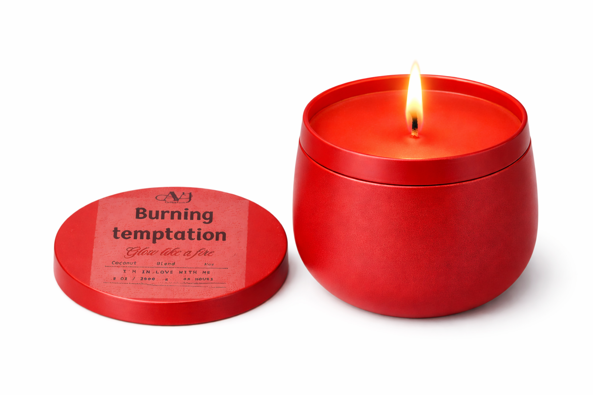 Burning temptation Tin Candle – Vibrant Orange & Red Artisanal Home Fragrance