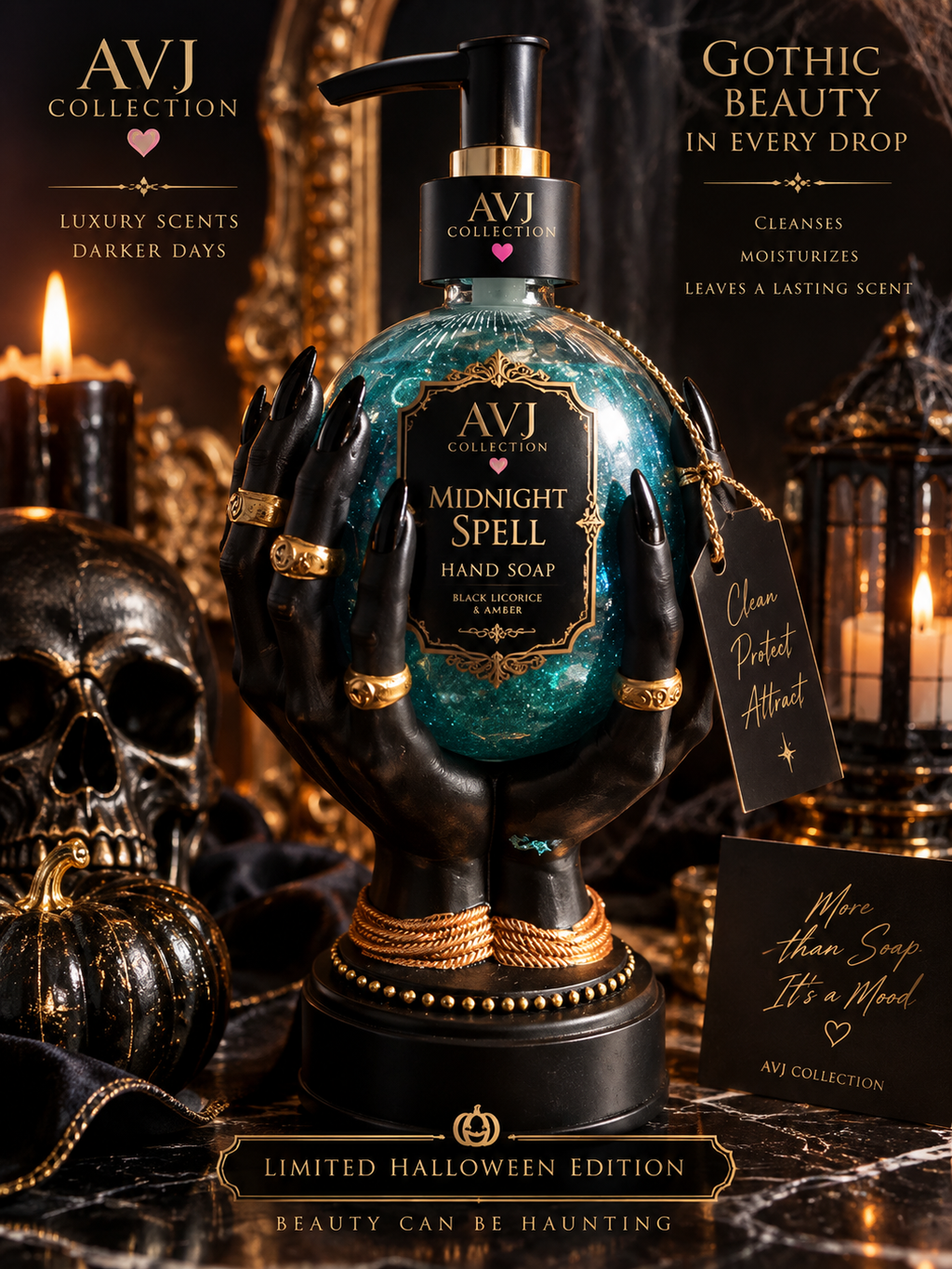 FORTUNE Black Liquorice Hand Wash – Gothic Halloween Glitter Soap in Mystical Hand Holder