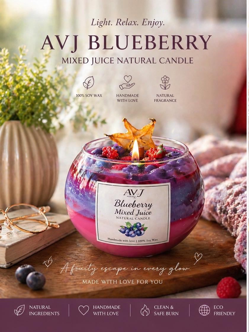 Handmade Blueberry Mixed Juice Soy Wax Candle | Artisan Triple-Layered Berry Scented Bowl Candle