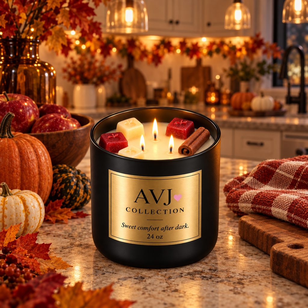 Midnight Apple Crumble Candle, 24 oz 3-Wick Fall Candle, Apple Cinnamon Vanilla Caramel Scent, Cozy Autumn Home Décor hand poured soy wax