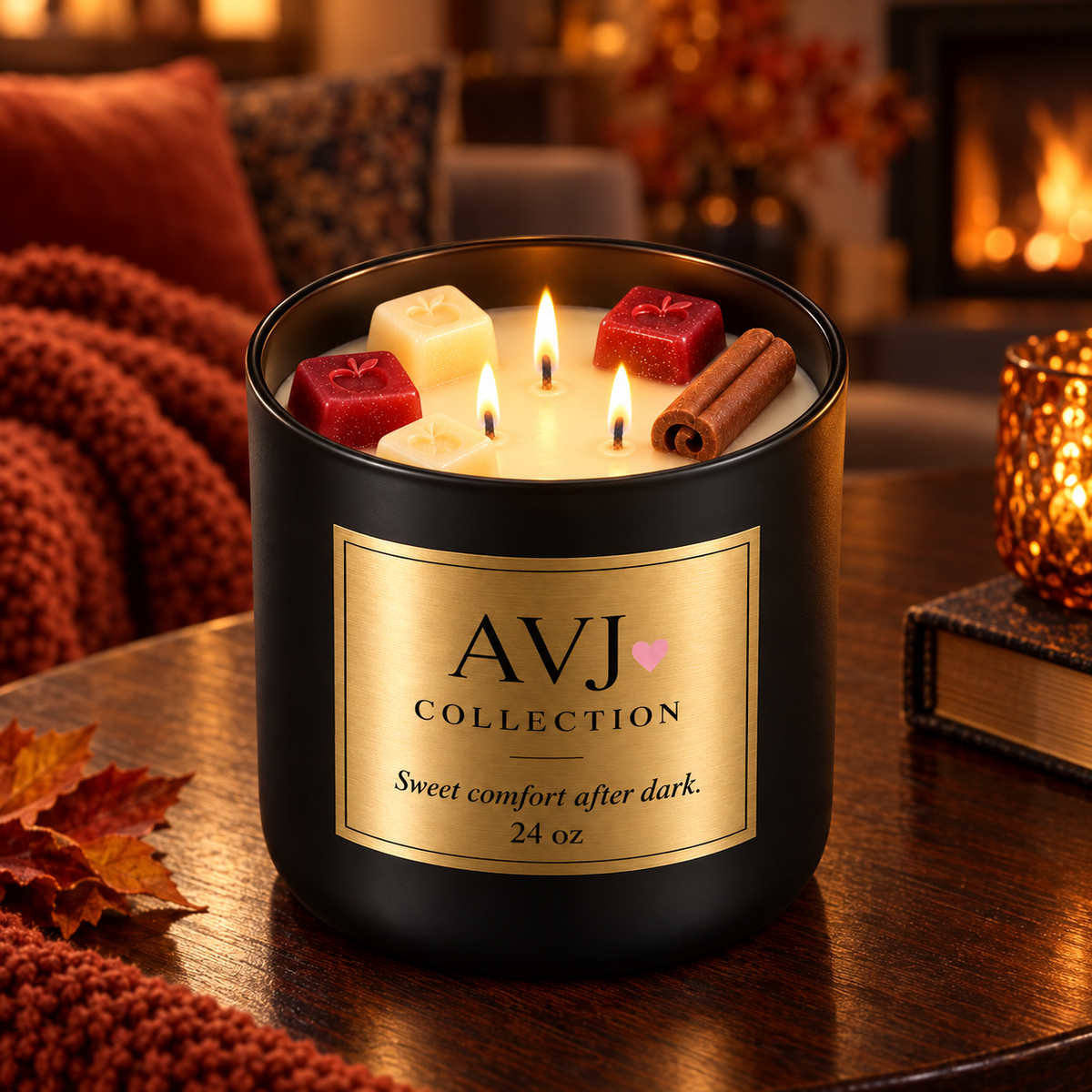 Midnight Apple Crumble Candle, 24 oz 3-Wick Fall Candle, Apple Cinnamon Vanilla Caramel Scent, Cozy Autumn Home Décor hand poured soy wax