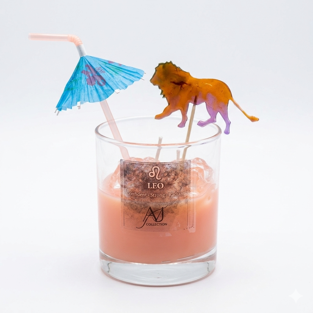 Leo ♌ Zodiac Candle | Rainbow Lion Charm & Cocktail Umbrella Topper