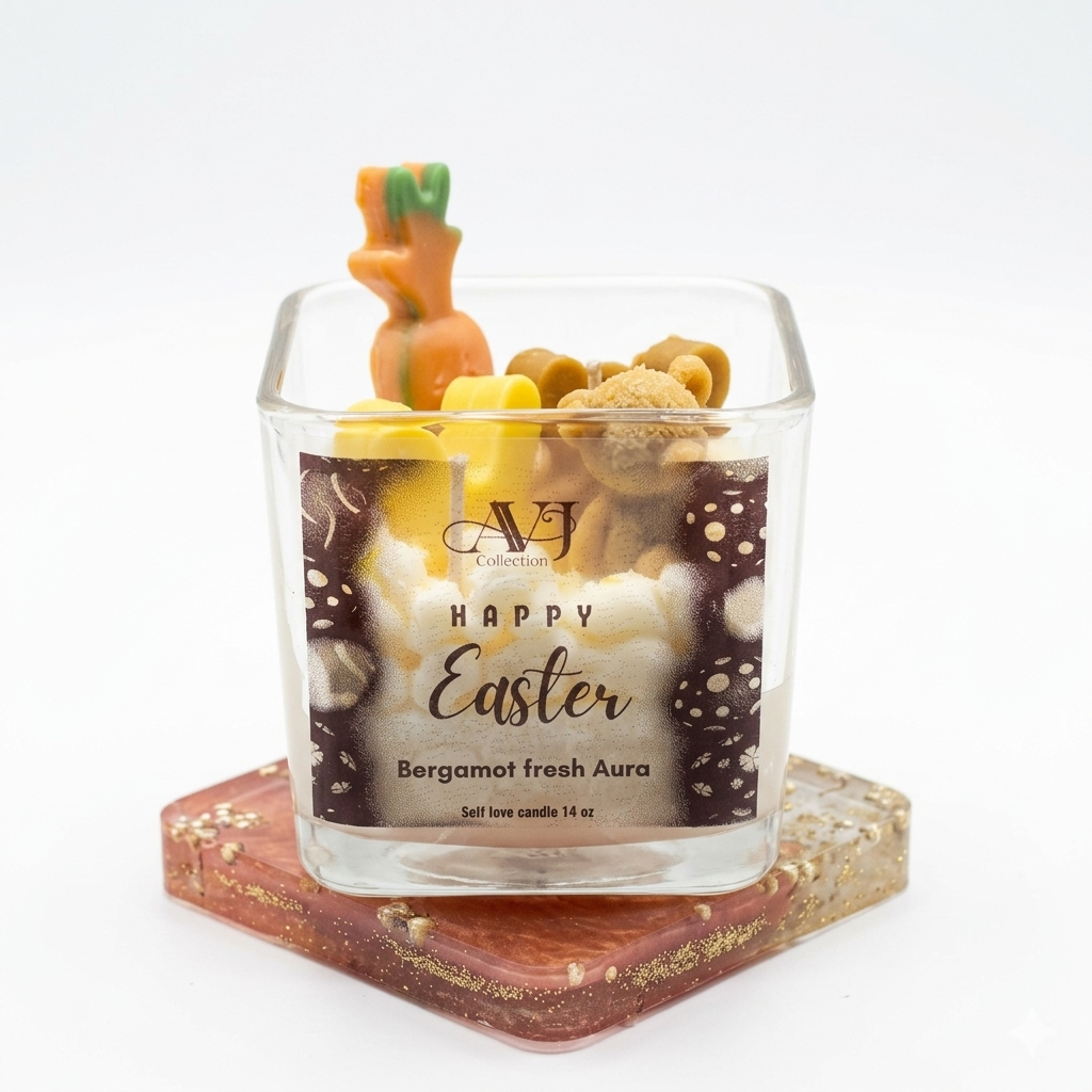AVJ Collection Fresh Glow Garden Soy Wax Candle, 14oz, Layered, Bunny and Carrot Embeds
