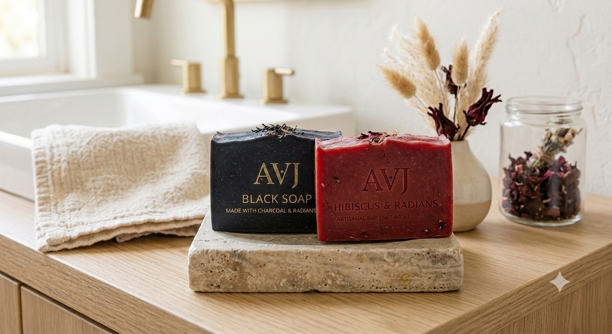 AVJ Purifying Soap Collection — Charcoal + Hibiscus Free 5-Day Clear Skin Guide skin’s new ritual and a free guide to go with it.