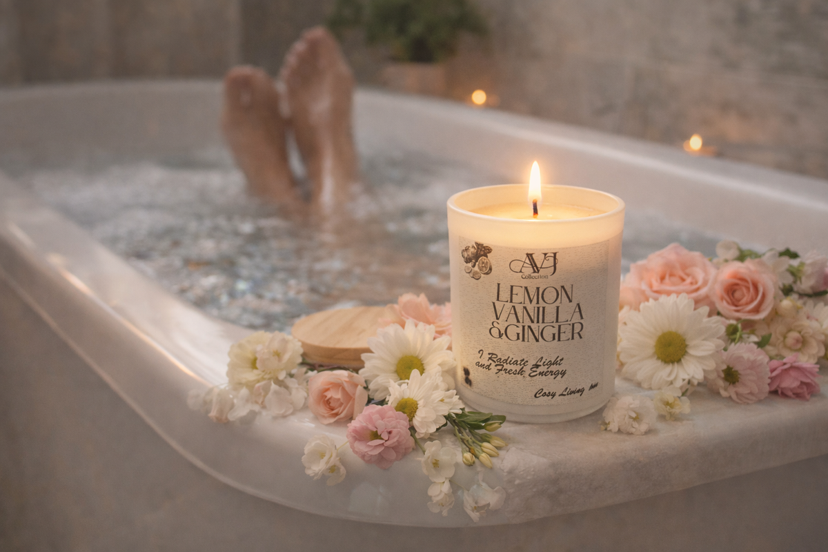 Vanilla Sandalwood Meditation Candle | AVJ Collection | 12oz Coconut Wax | Ginger Lemon Light Scent | Relaxation Candle | Sensitive Friendly | Hand-Poured | Stress Relief Gift