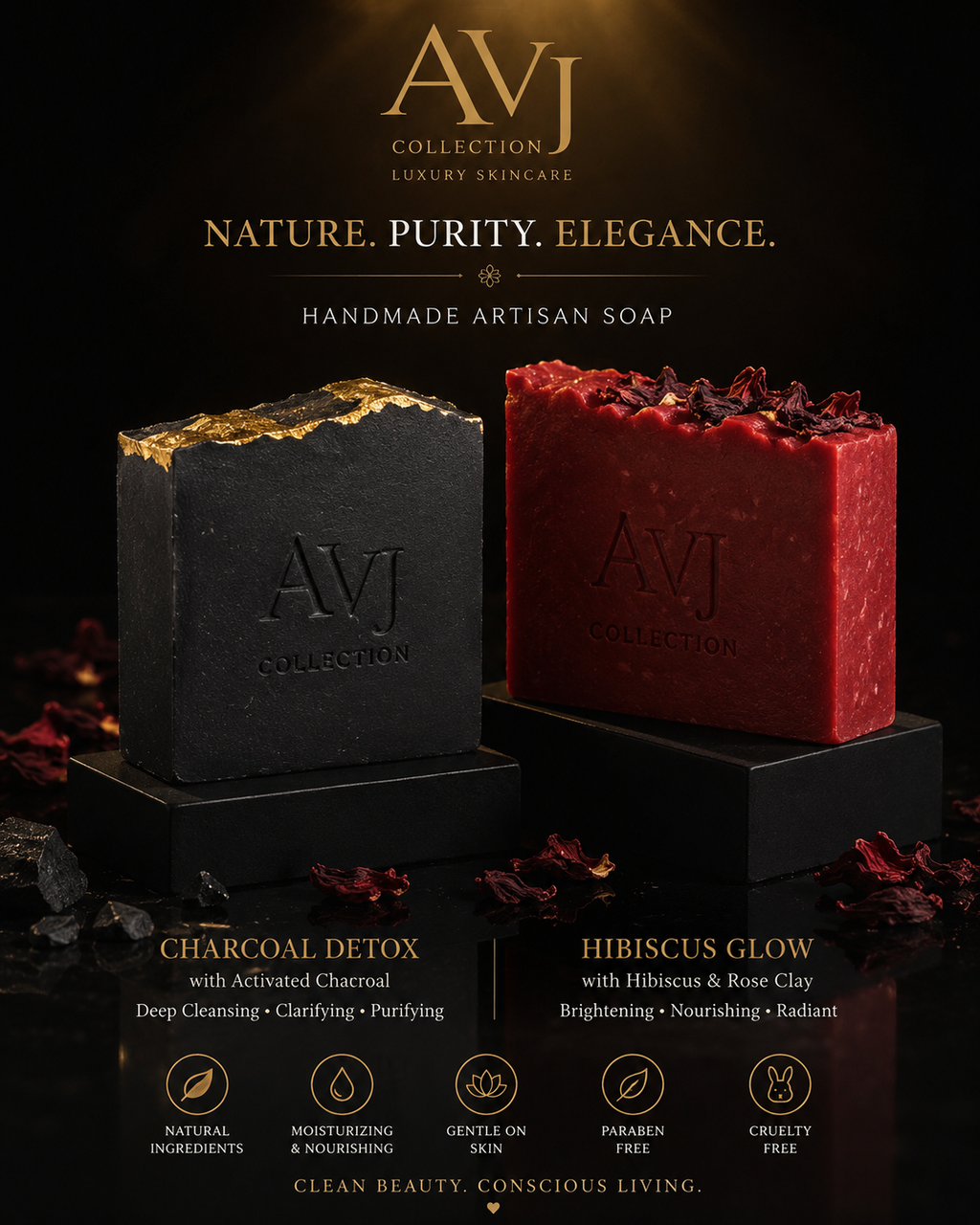 AVJ Purifying Soap Collection — Charcoal + Hibiscus Free 5-Day Clear Skin Guide skin’s new ritual and a free guide to go with it.