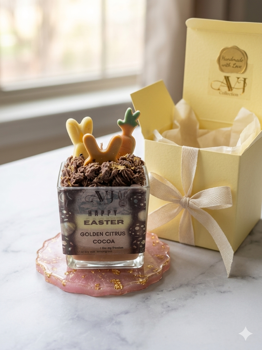 AVJ Collection Fresh Glow Garden Soy Wax Candle, 14oz, Layered, Bunny and Carrot Embeds