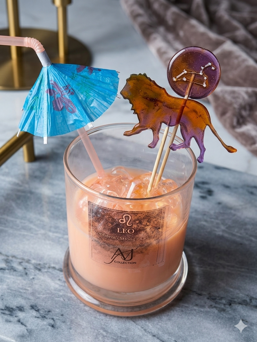 Leo ♌ Zodiac Candle | Rainbow Lion Charm & Cocktail Umbrella Topper