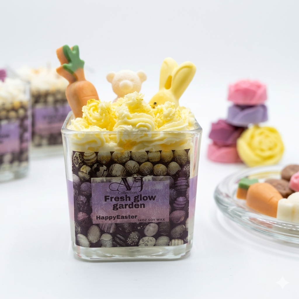 AVJ Collection Fresh Glow Garden Soy Wax Candle, 14oz, Layered, Bunny and Carrot Embeds