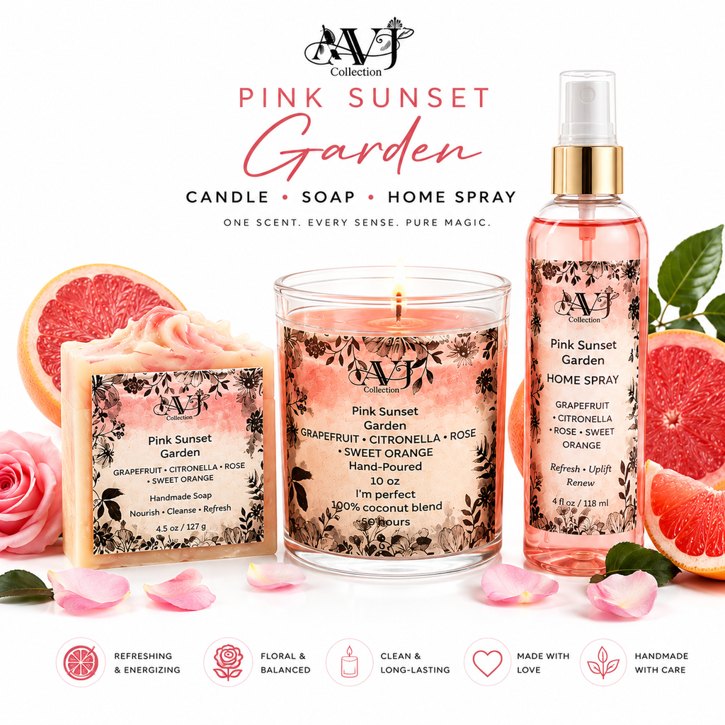 Pink Sunset Garden Signature Collection — Candle, Handmade Soap & Home Spray