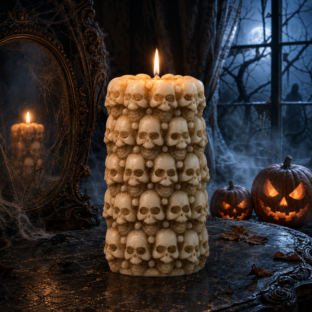 AVJ Collection Skull Halloween Candle – Gothic Ivory Pillar Candle for Haunted House, Party and Spooky Home Décor