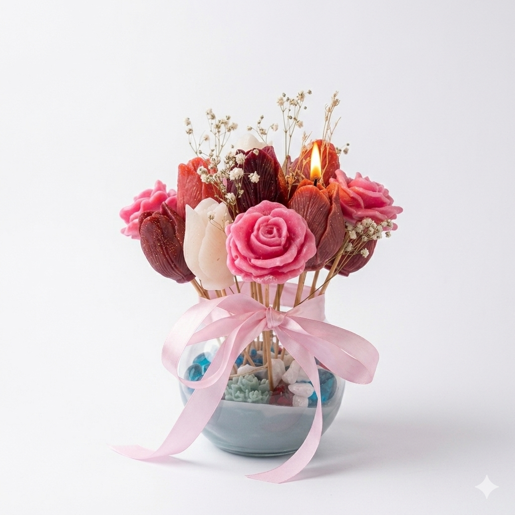 Floral Candle Bouquet Arrangement | Handmade Rose & Tulip Flower Candles in Glass Vase | Gift for Her | Home Decor | Birthday | Mother’s Day