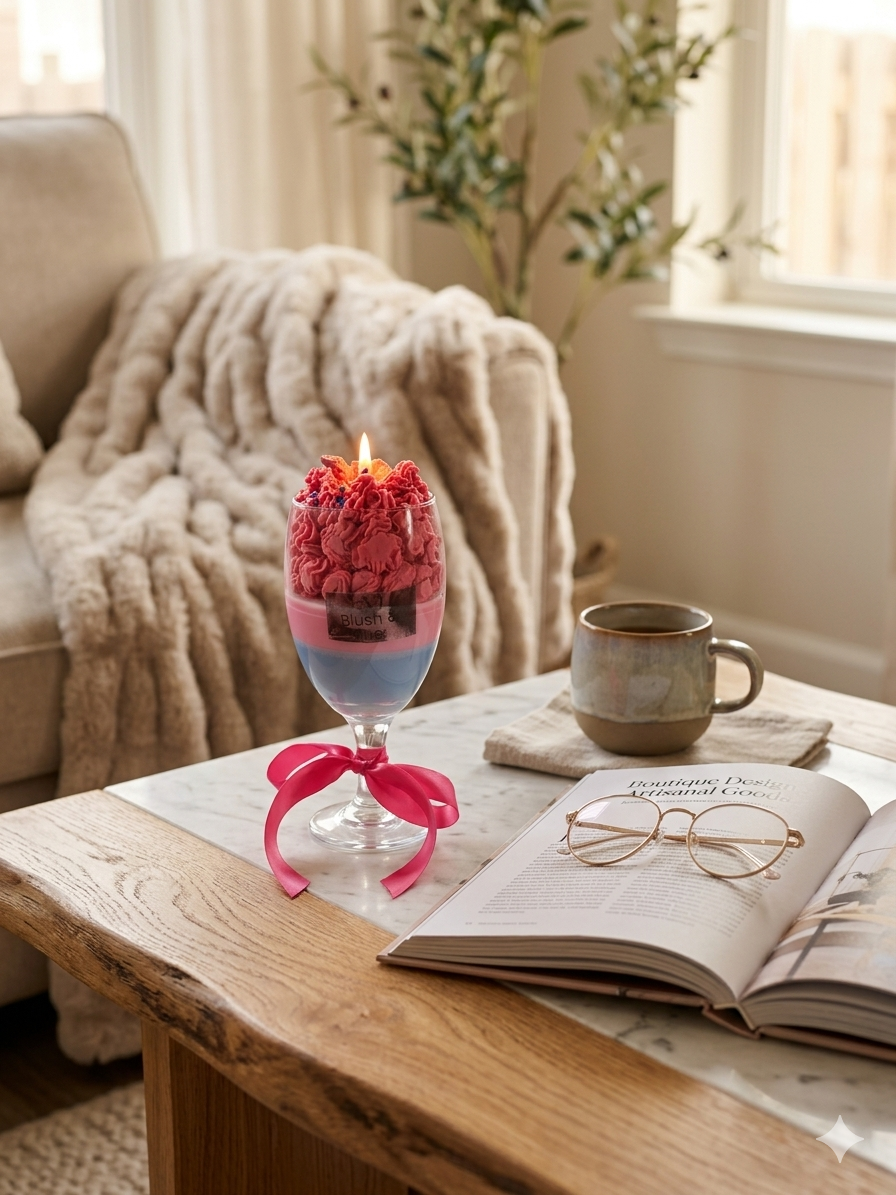 Blush & Blue Artisan Cocktail Candle, Layered Wine Glass with Whipped Wax Rosettes and Pink Ribbon