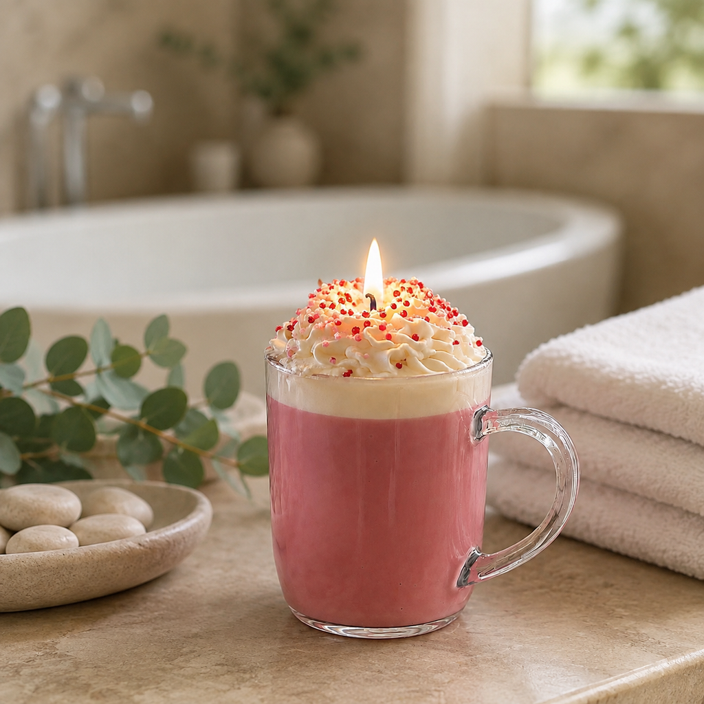 Strawberry Cloud Latte Candle – Hand-Poured Soy Wax Mug Candle with Whipped-Wax Topping