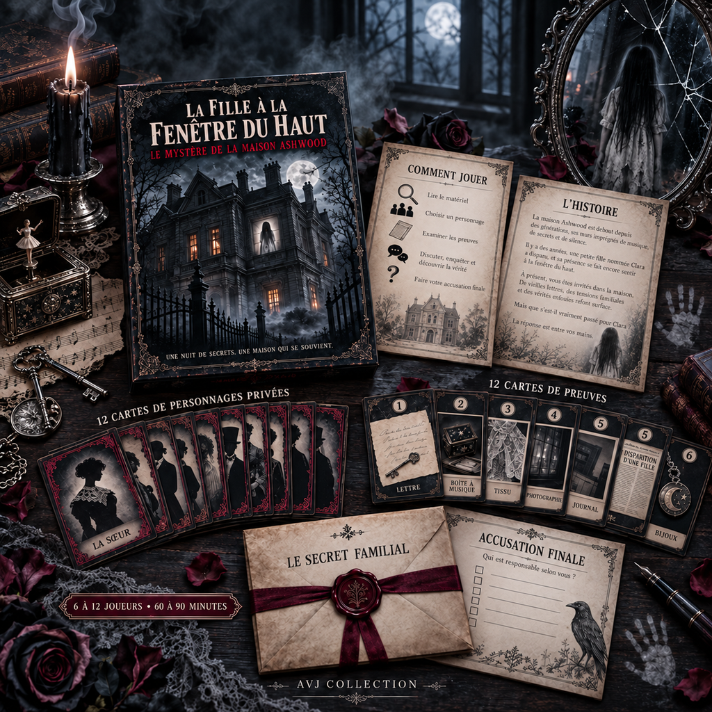Jeu de mystère maison hantée à imprimer – La Fille à la Fenêtre du Haut – Jeu Halloween pour 6 à 12 joueurs – PDF