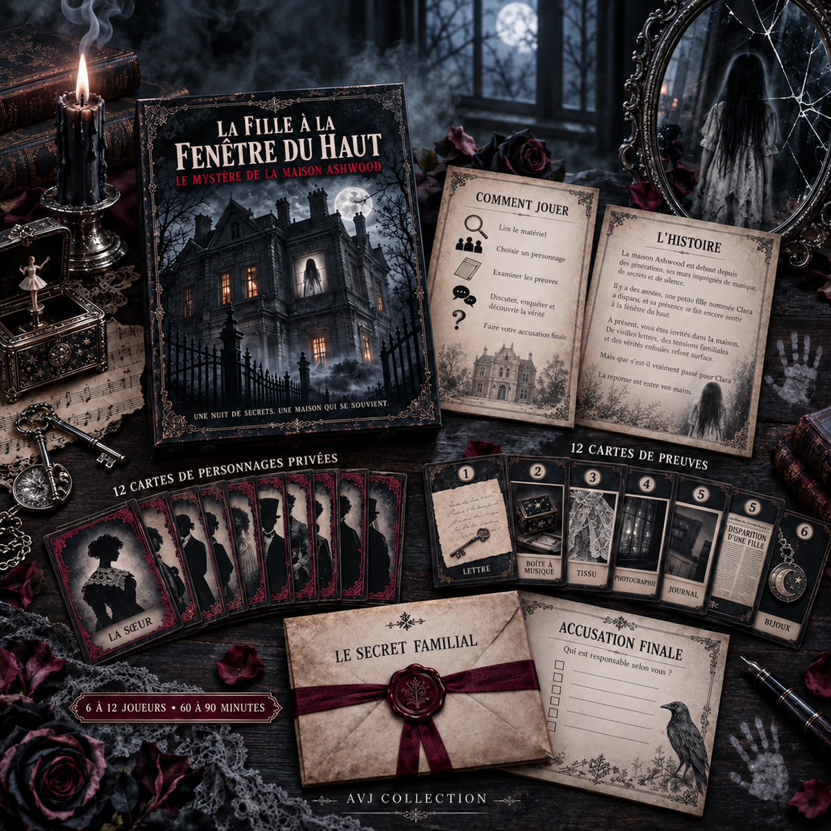 Jeu de mystère maison hantée à imprimer – La Fille à la Fenêtre du Haut – Jeu Halloween pour 6 à 12 joueurs – PDF