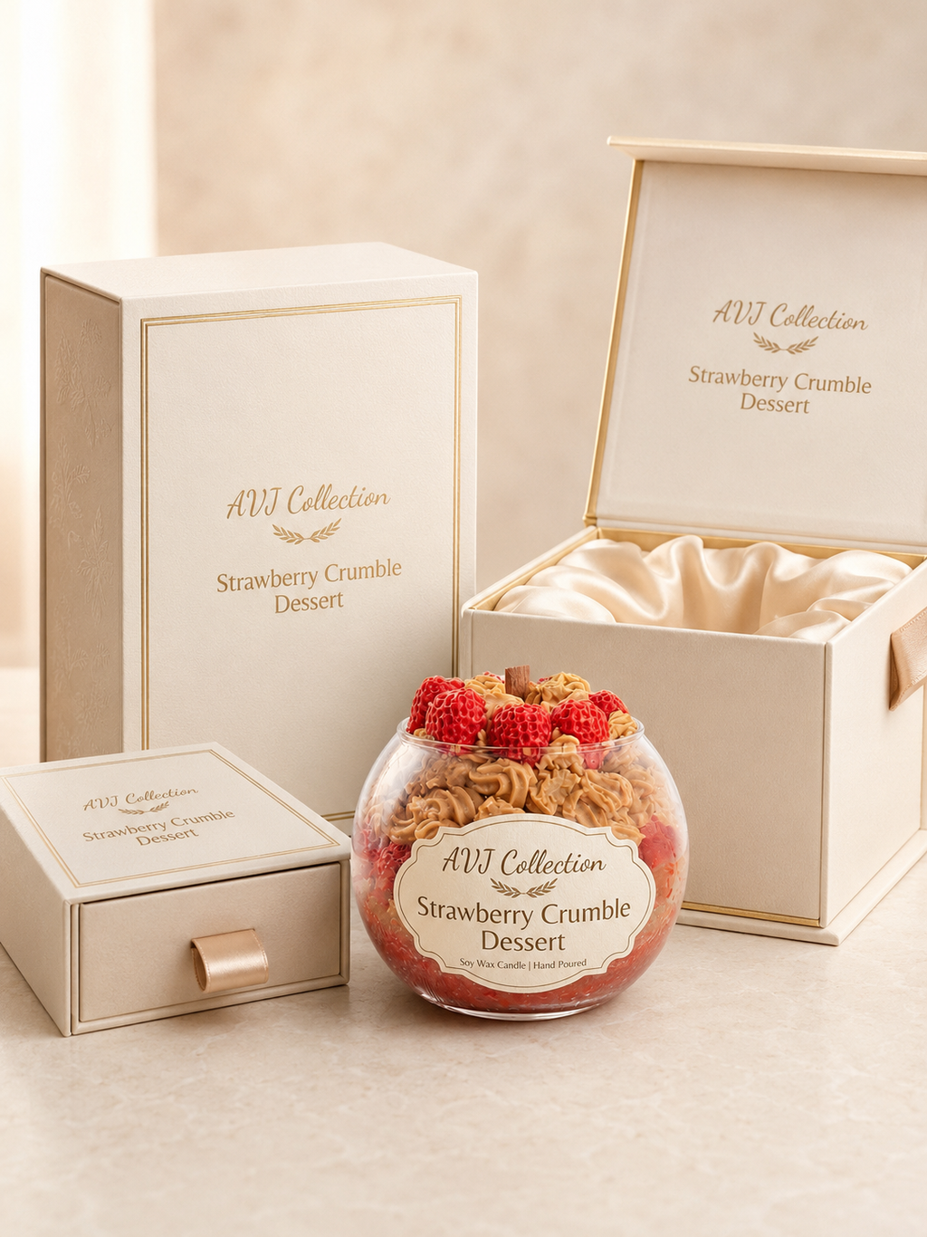 🍓 Strawberry Crumble Dessert Candle – AVJ Collection Gourmet Hand-Poured Soy Wax