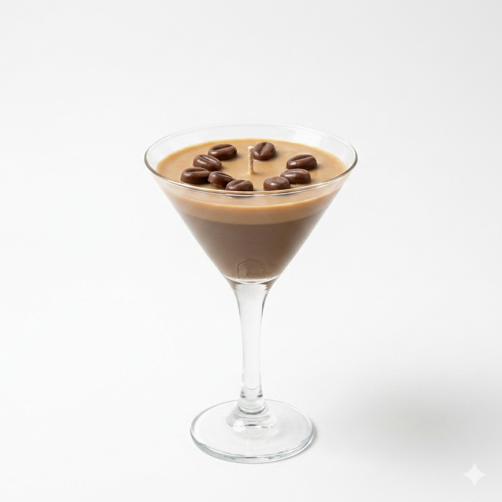 Handmade Espresso Martini Candle – Luxury Coffee Scented Dessert Candle in Martini Glass with Wax Coffee Beans, Single Wick, Gift for Coffee Lovers