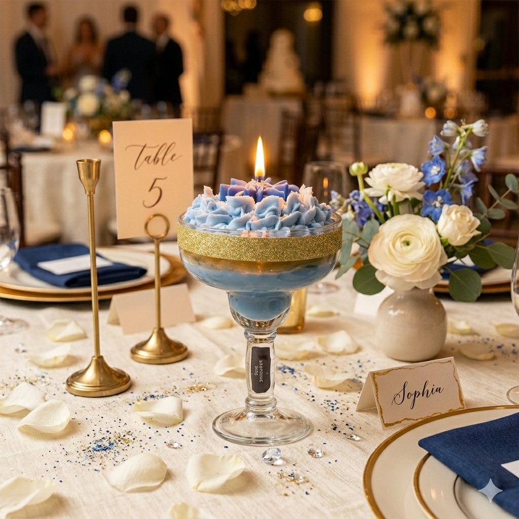 Sapphire Fizz Artisan Margarita Candle, Blue, Whipped Wax Frosting, Gold Glitter, Handcrafted Layered Cocktail Style