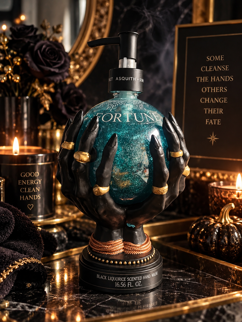 FORTUNE Black Liquorice Hand Wash – Gothic Halloween Glitter Soap in Mystical Hand Holder