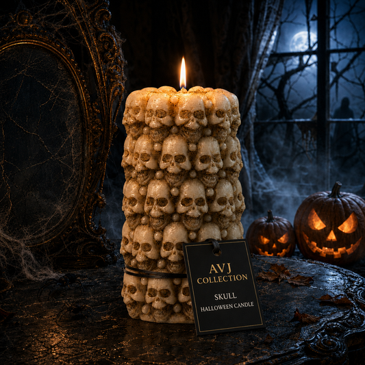 AVJ Collection Skull Halloween Candle – Gothic Ivory Pillar Candle for Haunted House, Party and Spooky Home Décor