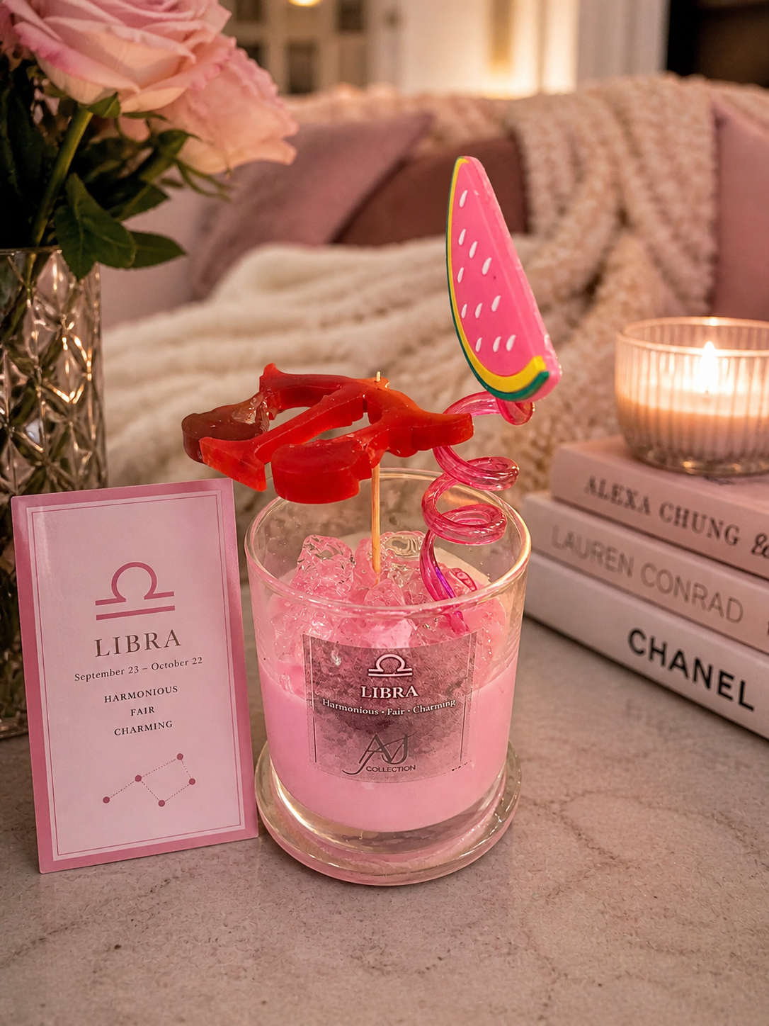Libra Zodiac Candle | Watermelon & Rose Scented Candle