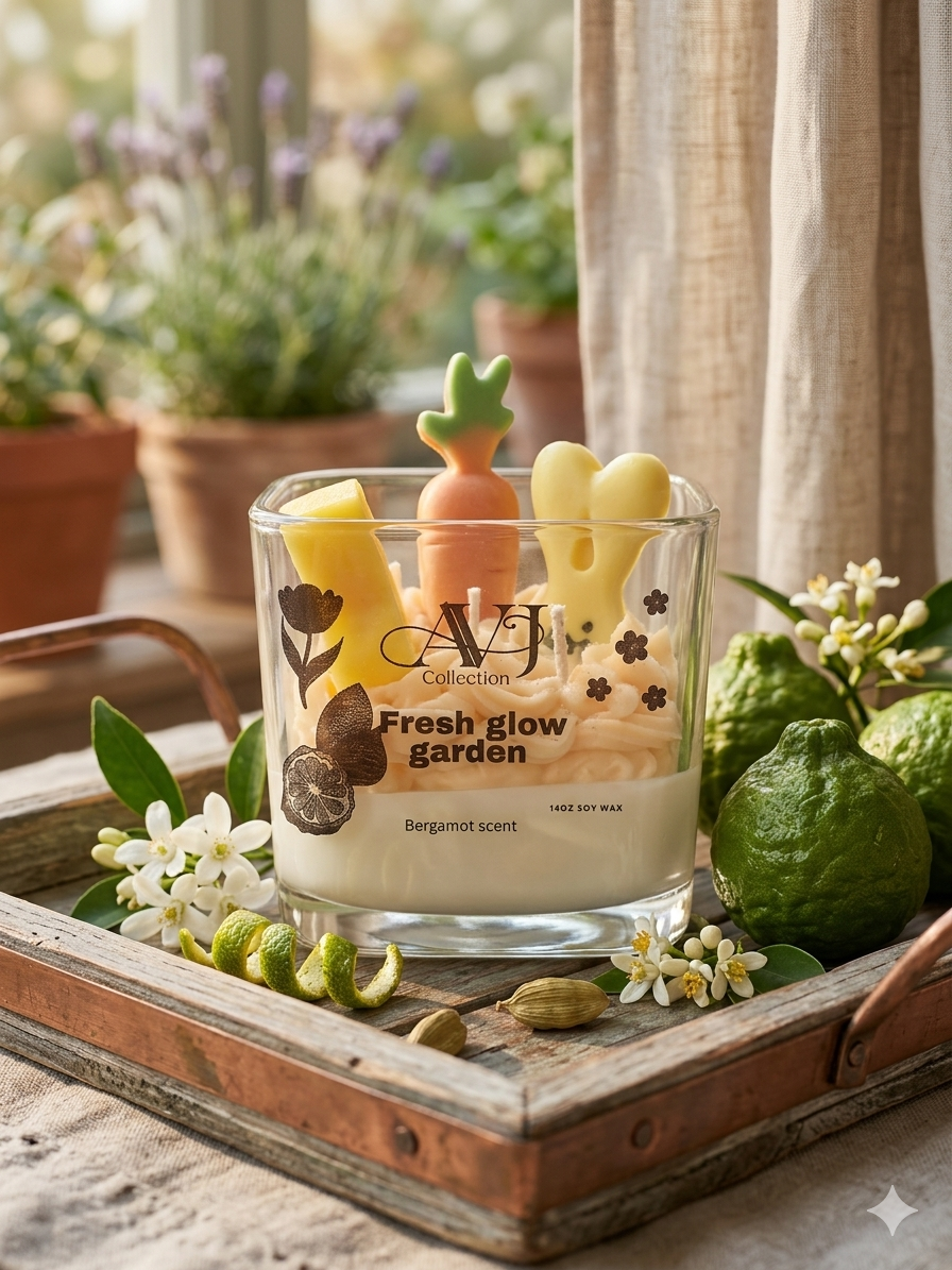 AVJ Collection Fresh Glow Garden Soy Wax Candle, 14oz, Layered, Bunny and Carrot Embeds