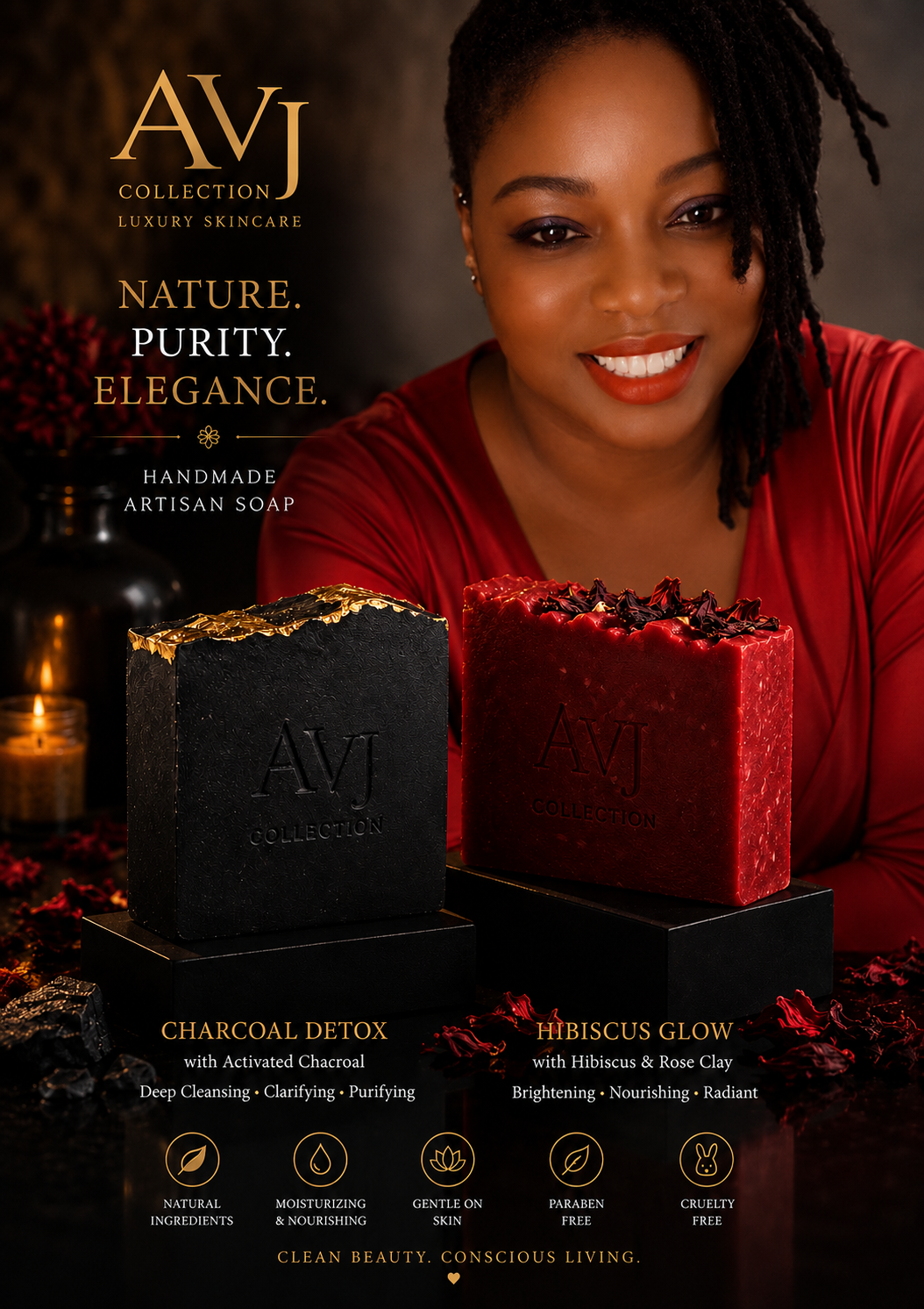 AVJ Purifying Soap Collection — Charcoal + Hibiscus Free 5-Day Clear Skin Guide skin’s new ritual and a free guide to go with it.