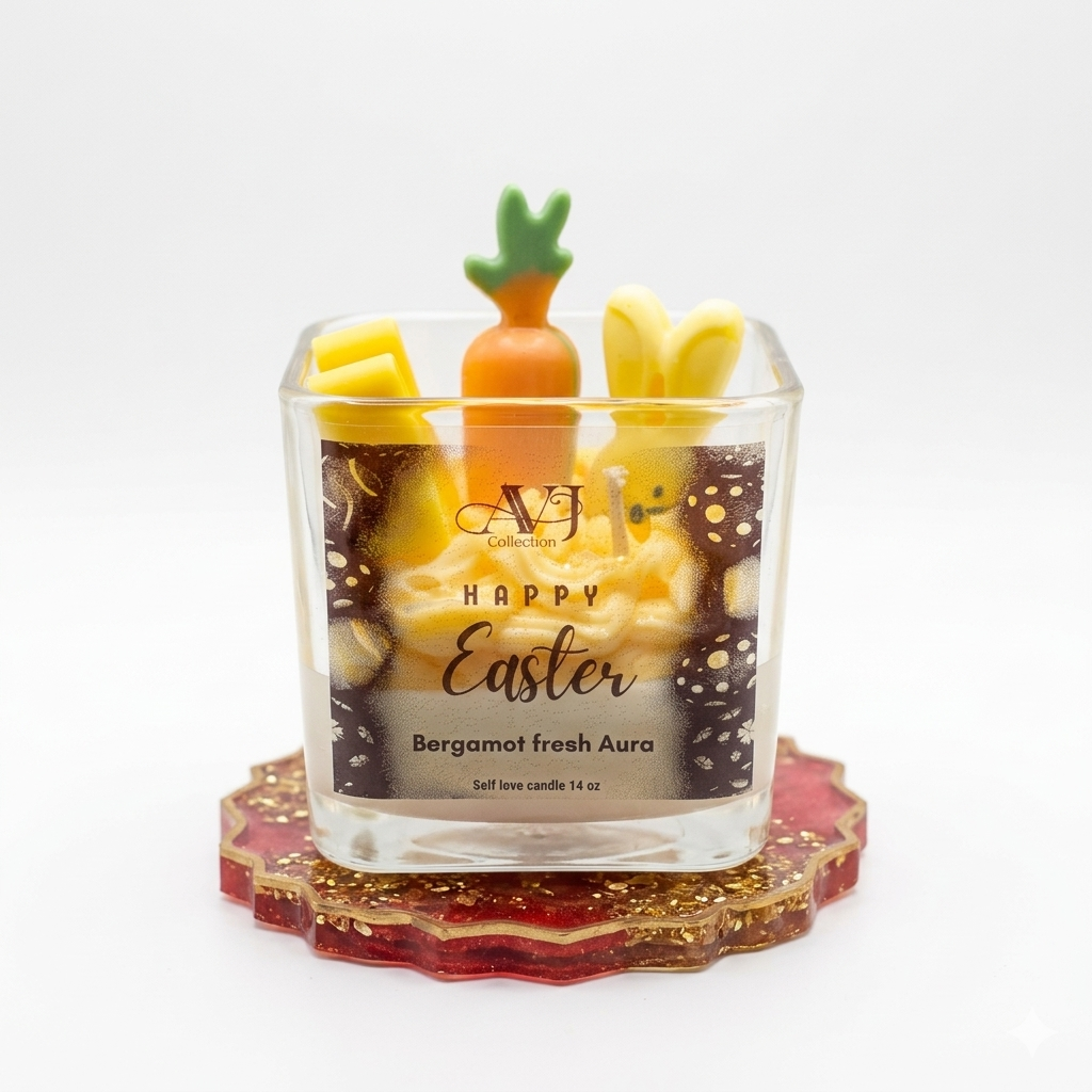 AVJ Collection Fresh Glow Garden Soy Wax Candle, 14oz, Layered, Bunny and Carrot Embeds