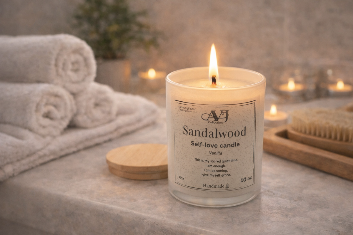 Vanilla Sandalwood Meditation Candle | AVJ Collection | 12oz Coconut Wax | Ginger Lemon Light Scent | Relaxation Candle | Sensitive Friendly | Hand-Poured | Stress Relief Gift