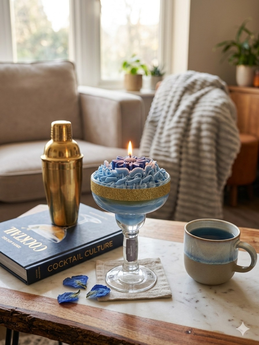 Sapphire Fizz Artisan Margarita Candle, Blue, Whipped Wax Frosting, Gold Glitter, Handcrafted Layered Cocktail Style