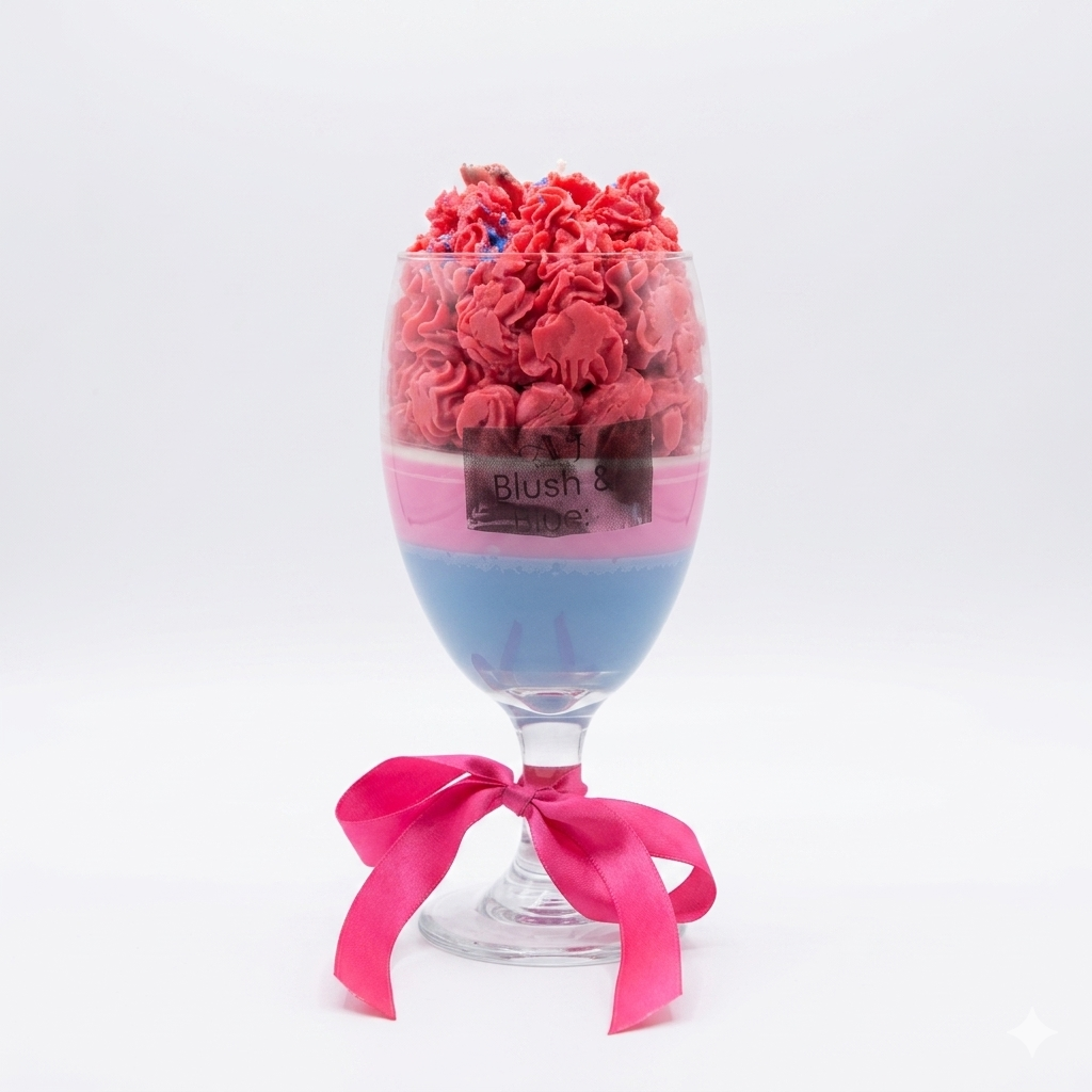Blush & Blue Artisan Cocktail Candle, Layered Wine Glass with Whipped Wax Rosettes and Pink Ribbon
