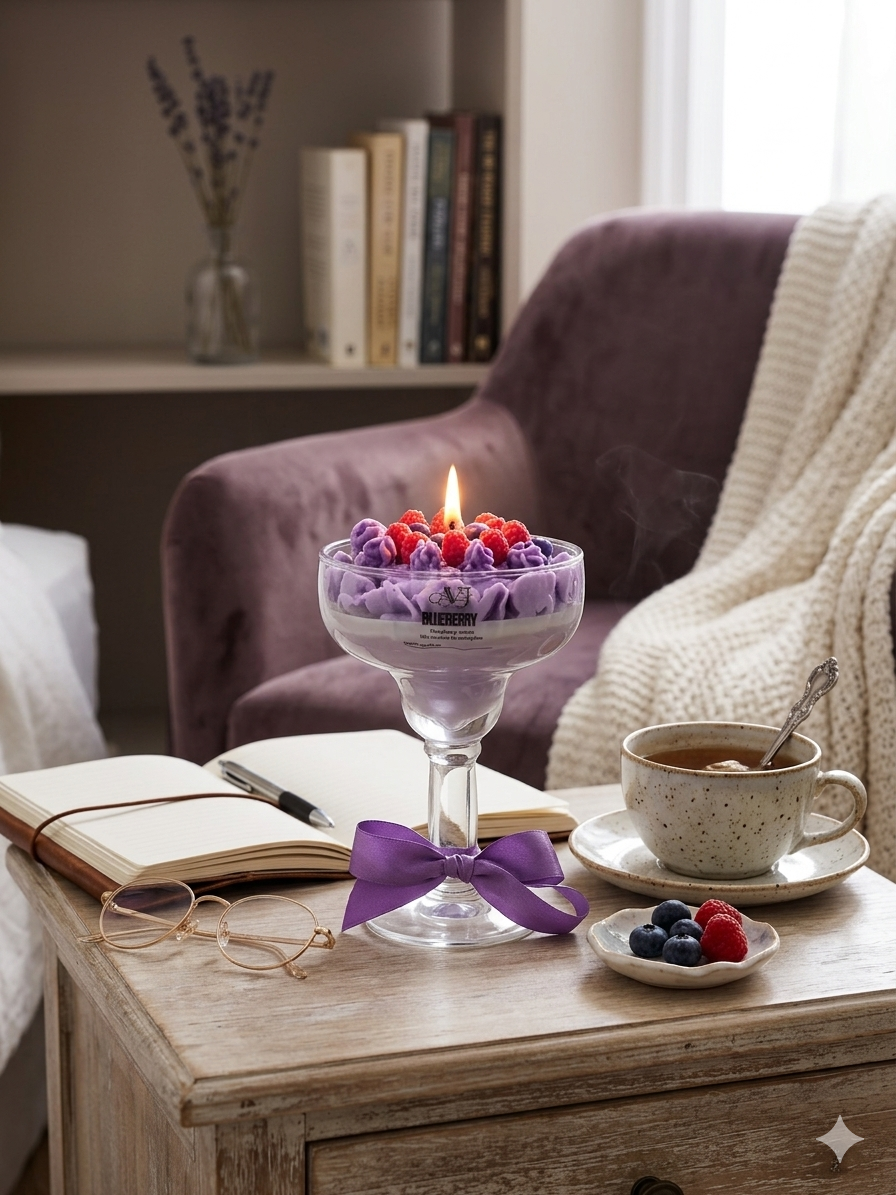 Handmade Blueberry & Raspberry Cream Dessert Candle – Realistic Fruit Whipped Wax Candle in Cocktail Glass with Purple Bow – AVJ Collection Artisan Decor